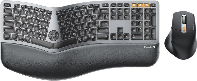 ProtoArc Ergonomic Keyboard Mouse, EKM01 Plus Full Size Wireless Bluetooth Ergo Keyboard Mouse Combo, Cushioned Palm Rest, Split Design, Rechargeable, Compatible for Windows, Mac OS - Gray and Black - Image 1